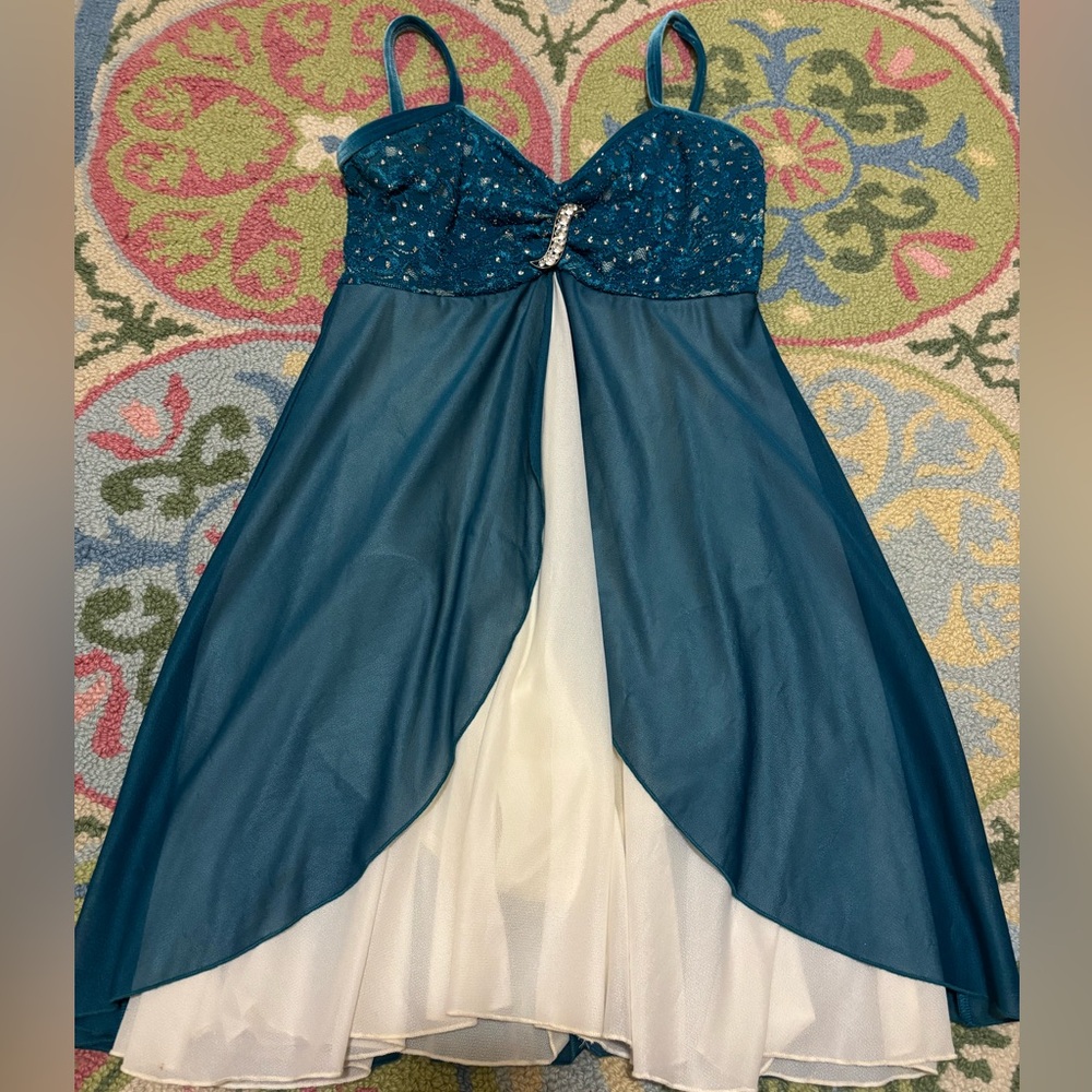 COSTUME Teal and Cream Sleeveless Dress with Embellished Bodice